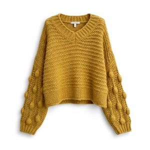 American Threads Mustard Chunky Knit Bobble Sleeve V-Neck Sweater M